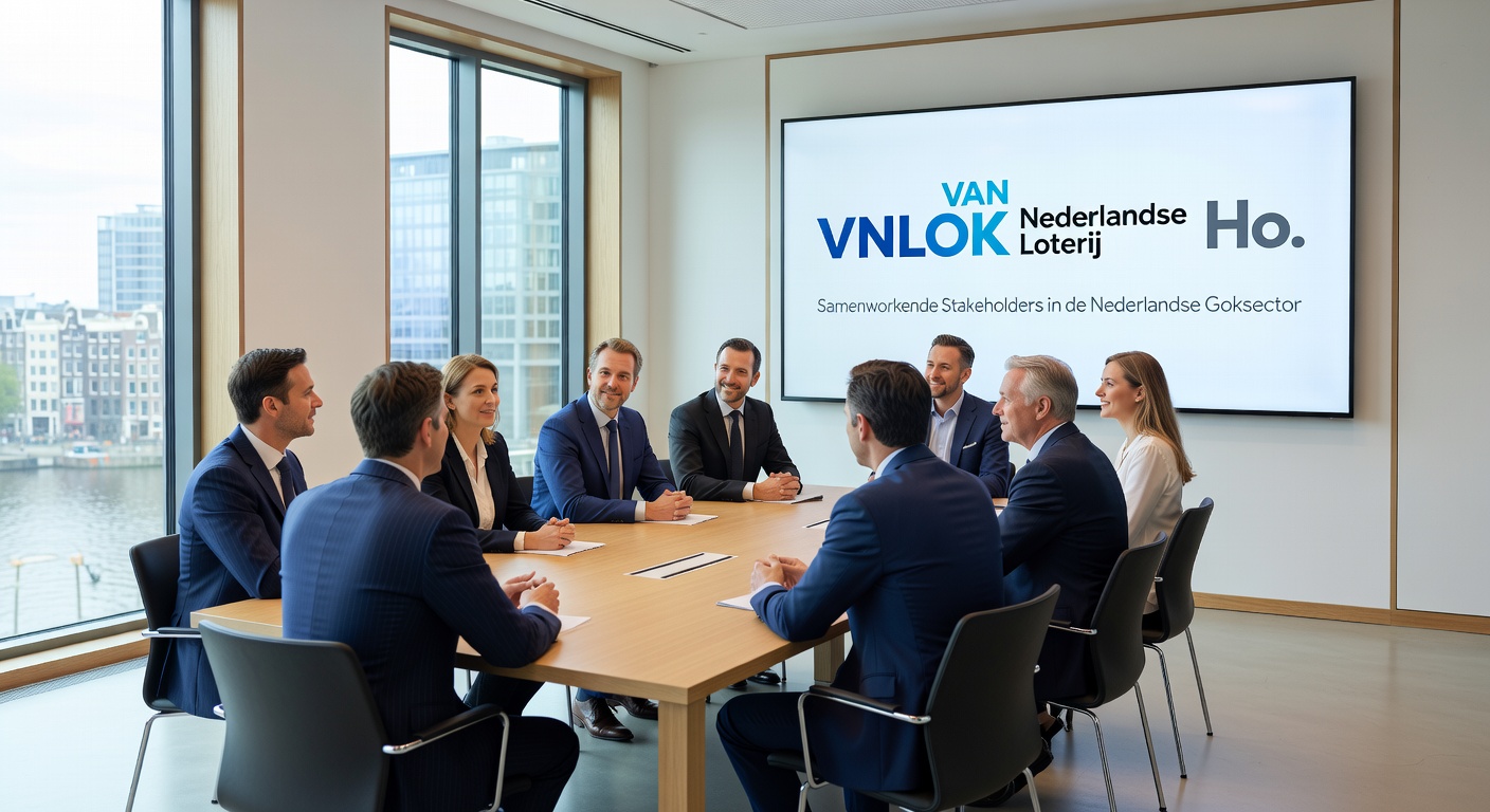 Afbeelding van een groep professionals rond een tafel met documenten, representerend de stakeholders van de Nederlandse goksector tijdens een overleg over belastingdruk