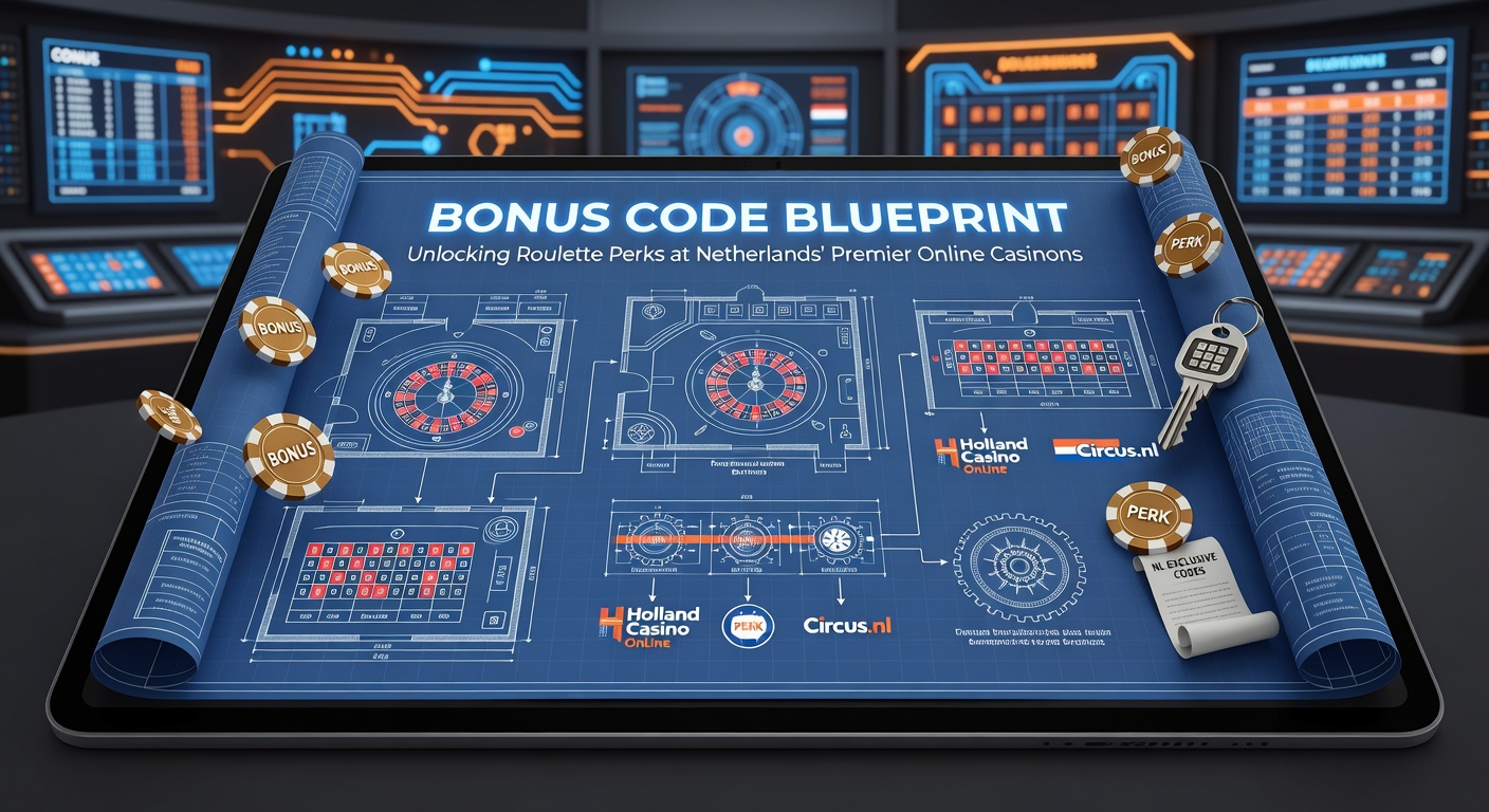 Afbeelding van een digitale blueprint met bonuscodes en roulettewielen bij Nederlandse online casinos, symboliserend strategische toegang tot perks