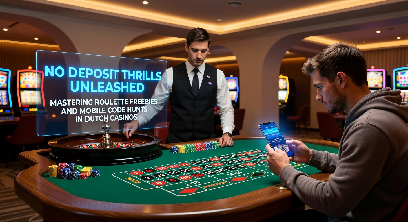 Mobiele interface van een Nederlands online casino met actieve no-deposit roulette bonus en promo code invoerscherm, inclusief live chat en wielanimatie
