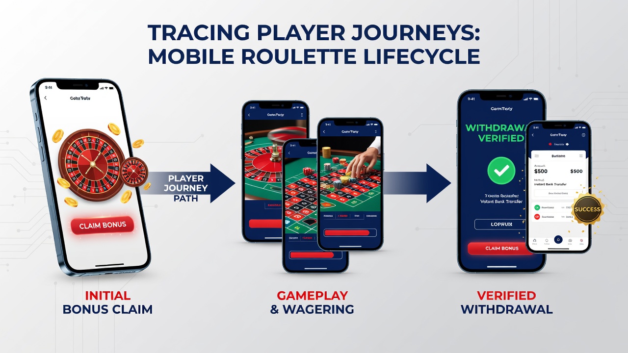 Grafiek die het traject van mobiele roulette spelers toont van bonusclaim naar succesvolle opname met statistieken uit 2026